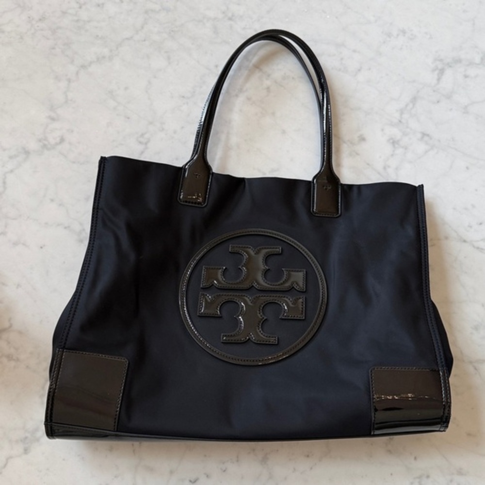 Tory Burch Ella Large Black Nylon Patent Trim Tote Bag